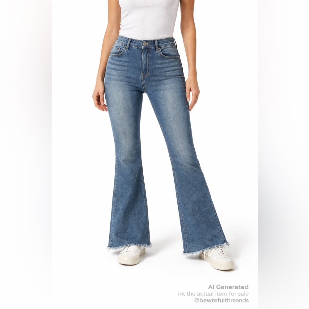 Y2K Flare Jeans Raw Hem Stretch Denim Blue Size 16 L